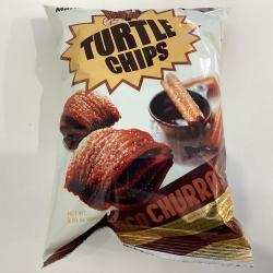 Turtle Chips chocolate churros flavored Korean snack with crispy layered texture in turtle shell shape.