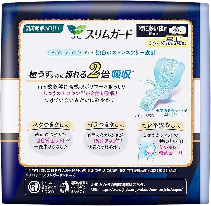 ロリエ スリムガード 特に多い夜用 40cm 羽つき 11個×4パック 高吸水ポリマー ロリエシリーズ最長の40㎝