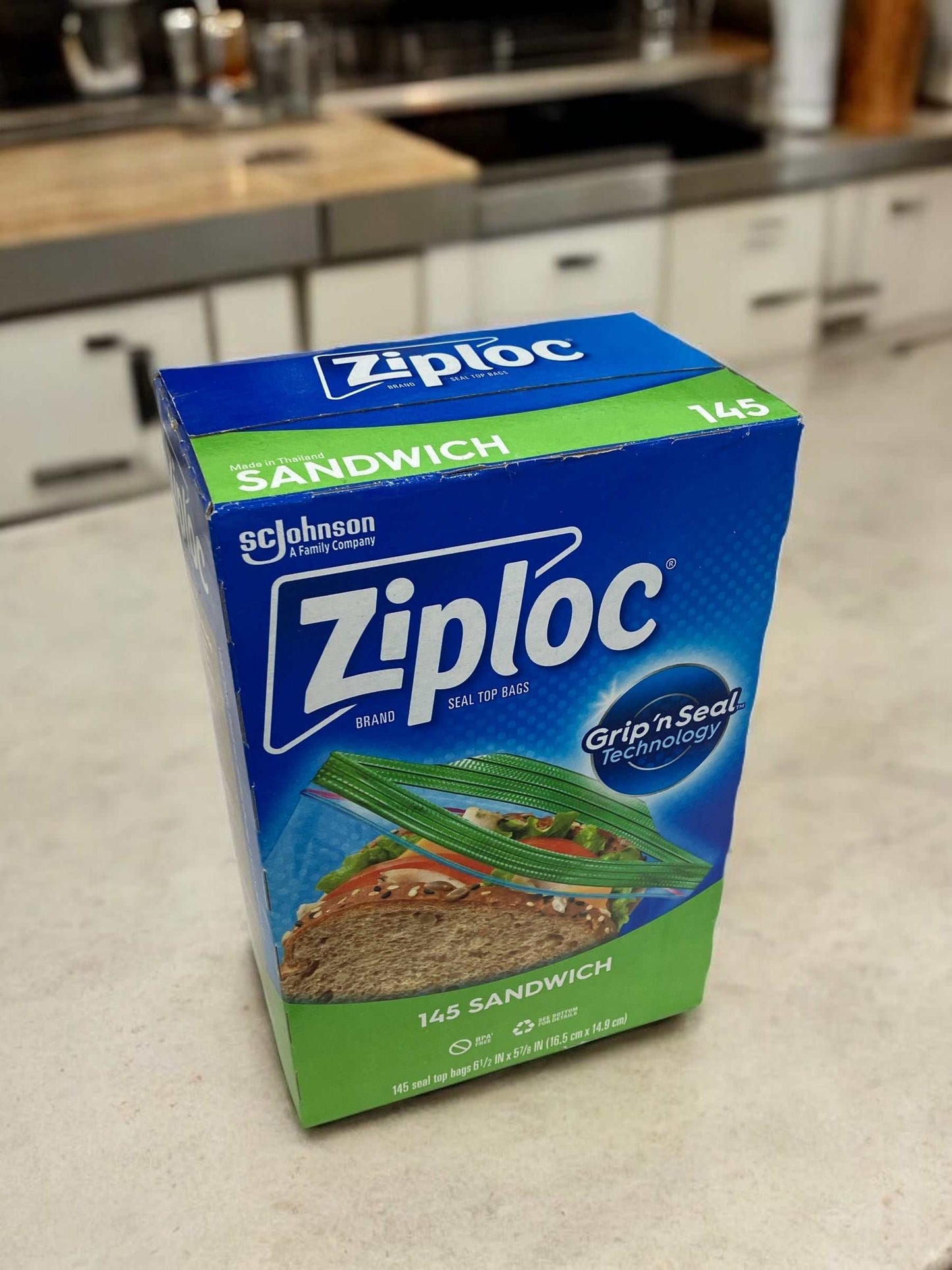 Box of Ziploc Sandwich Slider Bags with Grip n Seal technology containing 145 bags.