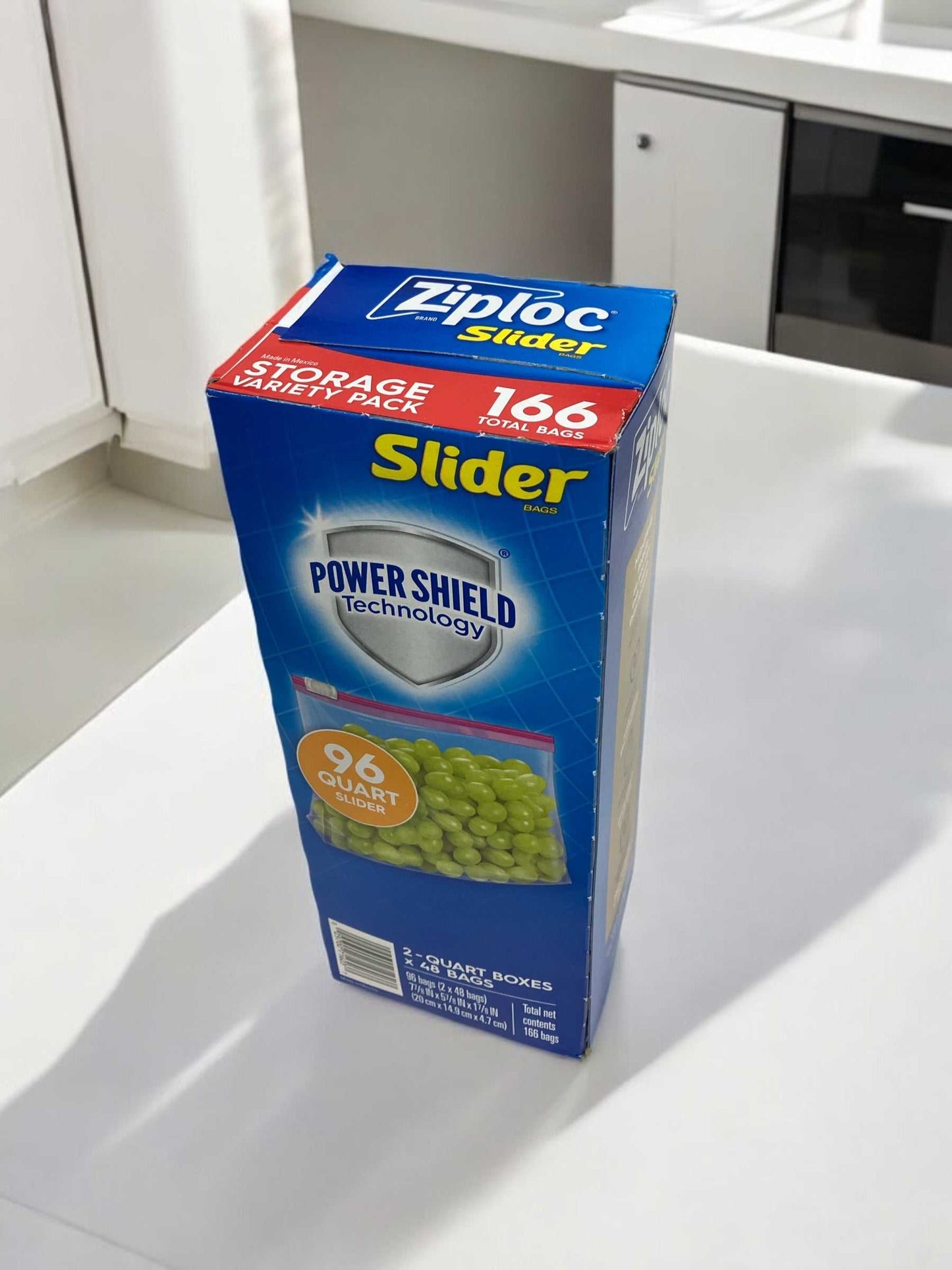 Ziploc QUART slider bag box with 96 quart size bags featuring Power Shield technology for food protection