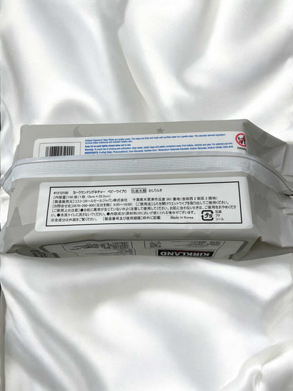 KS ベビーワイプス包装、カークランドシグネチャー無香料・アルコールフリー赤ちゃん用おしりふき100枚入りパック。