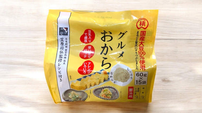 Yellow package of Yokoyama Foods Gourmet Okara 60g x 15 packs made from 100% domestic soybeans with recipe suggestions.