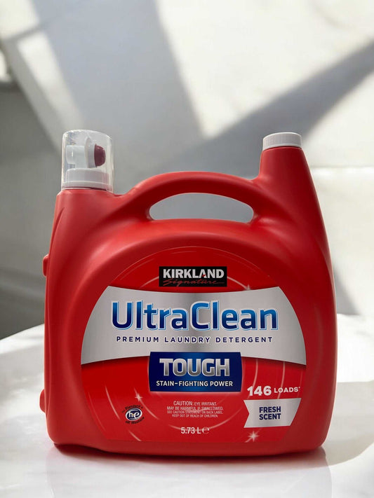 Large 5.73L red Kirkland Ultra Clean liquid laundry detergent with fresh scent and tough stain-fighting power for 146 loads