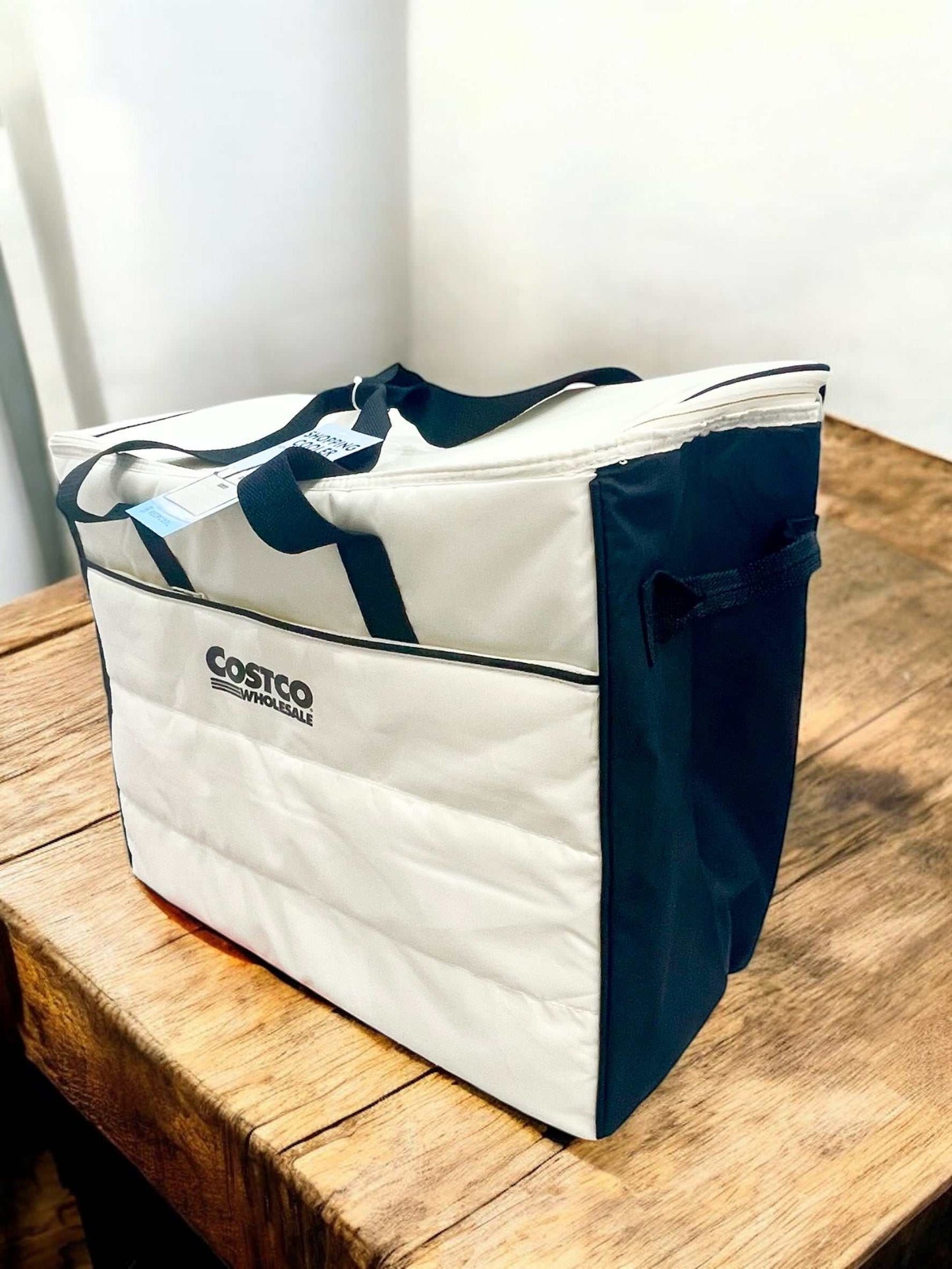 Large 55L Costco quilted fabric cooler bag with insulated design for outdoor and shopping use