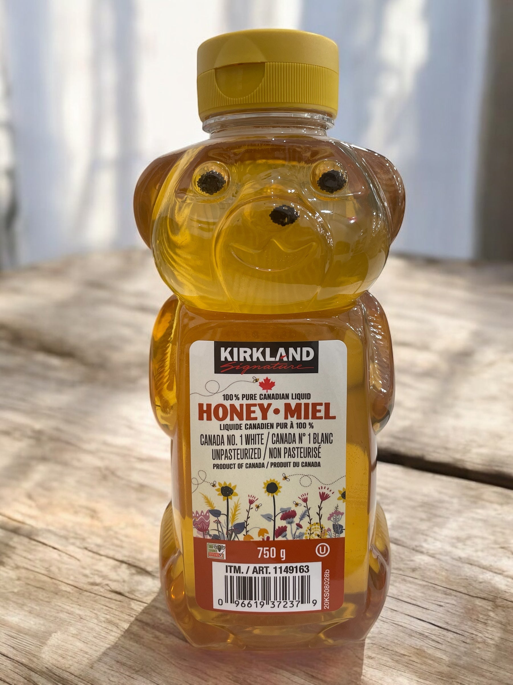 KS はちみつ 750g in bear-shaped bottle, 100% pure Canadian honey.