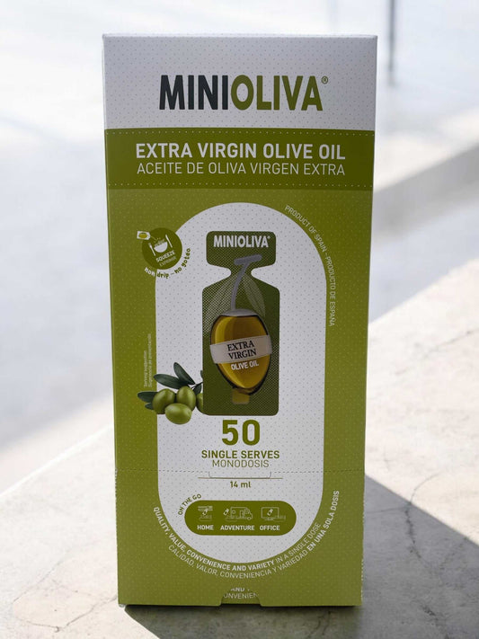 MINIOLIVA extra virgin olive oil 50 single-serve portions packaging with Spanish olives image