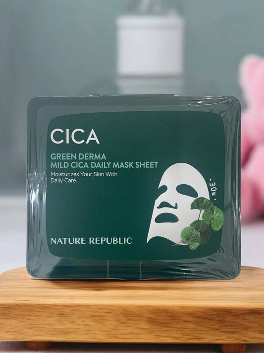 Nature Republic CICA Green Derma mild daily sheet mask pack with 30 sheets for sensitive skin moisturizing and soothing care
