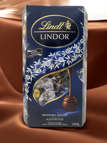 Lindt Lindor dark chocolate assortment box with smooth melting filling, 600g package