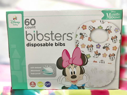 Disney Bibsters Disposable Bibs 60-Pack Minnie Design, 3-Layer Absorbent.