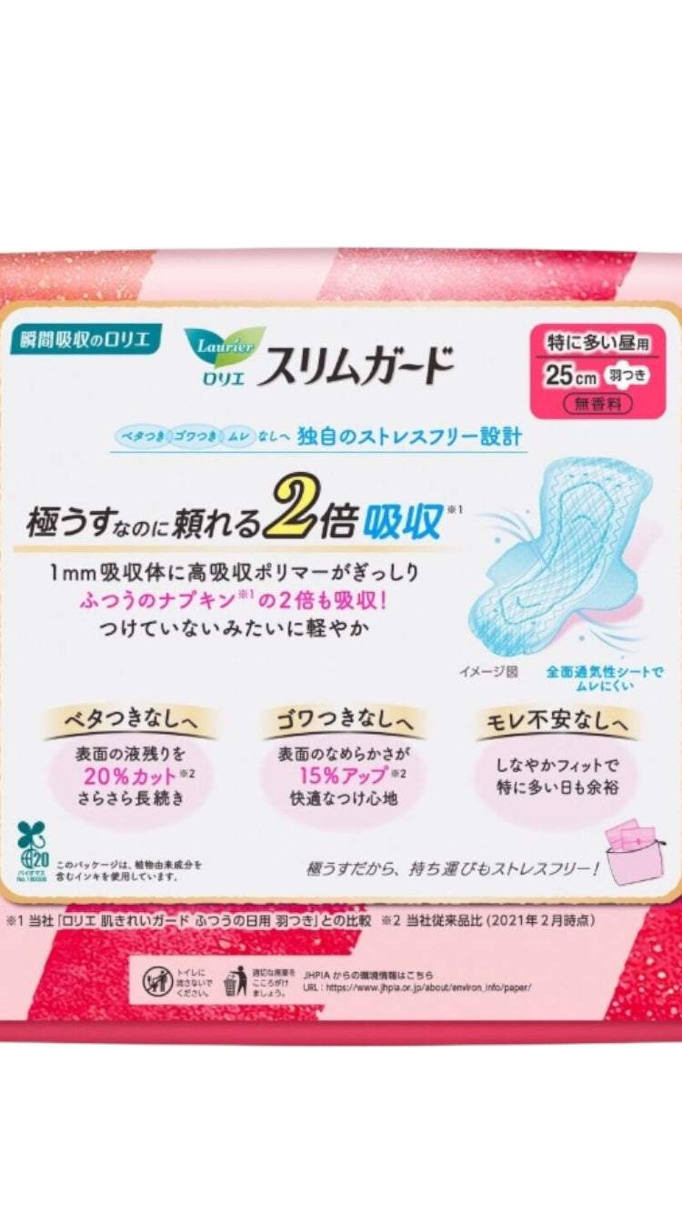 ロリエ スリムガード 特に多い昼用 25cm 羽つき 19個×4パック 高吸収ポリマー 全面通気性