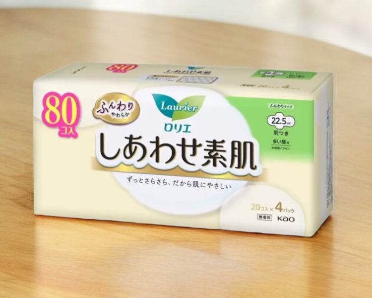 ロリエ しあわせ素肌, 多い昼用 22.5cm 羽つき, 20個入×4パック, 生理用ナプキン, 通気素材.