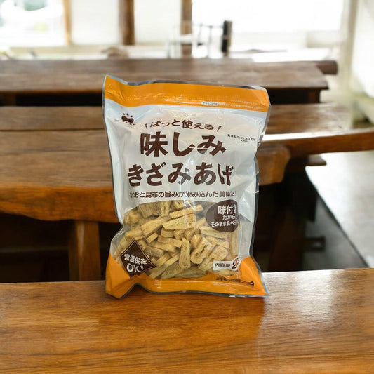 MISUZU 味しみ きざみあげ 200g package on wooden table, ready-to-use deep-fried tofu for various dishes.