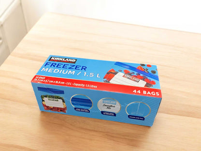 Medium KS freezer bags, 1.5L capacity, 44-count packaging.