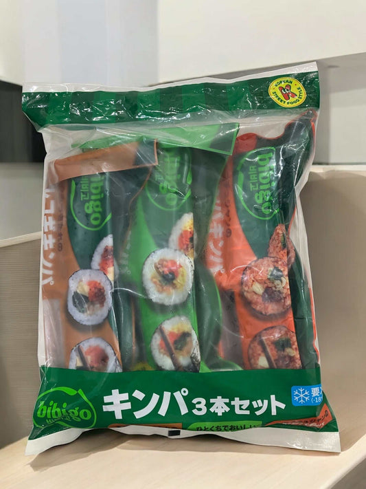 Frozen bibigo kimbap 3-pack set with assorted Korean rice rolls including five-ingredient, bulgogi, and kimchi cheese varieties