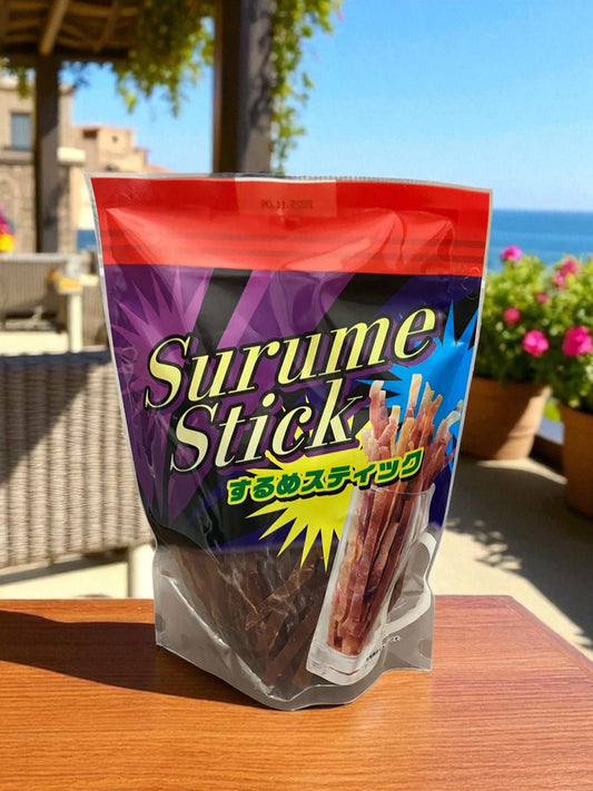 Packaging of 合食 スルメスティック 440g dried squid sticks snack on a table outdoors