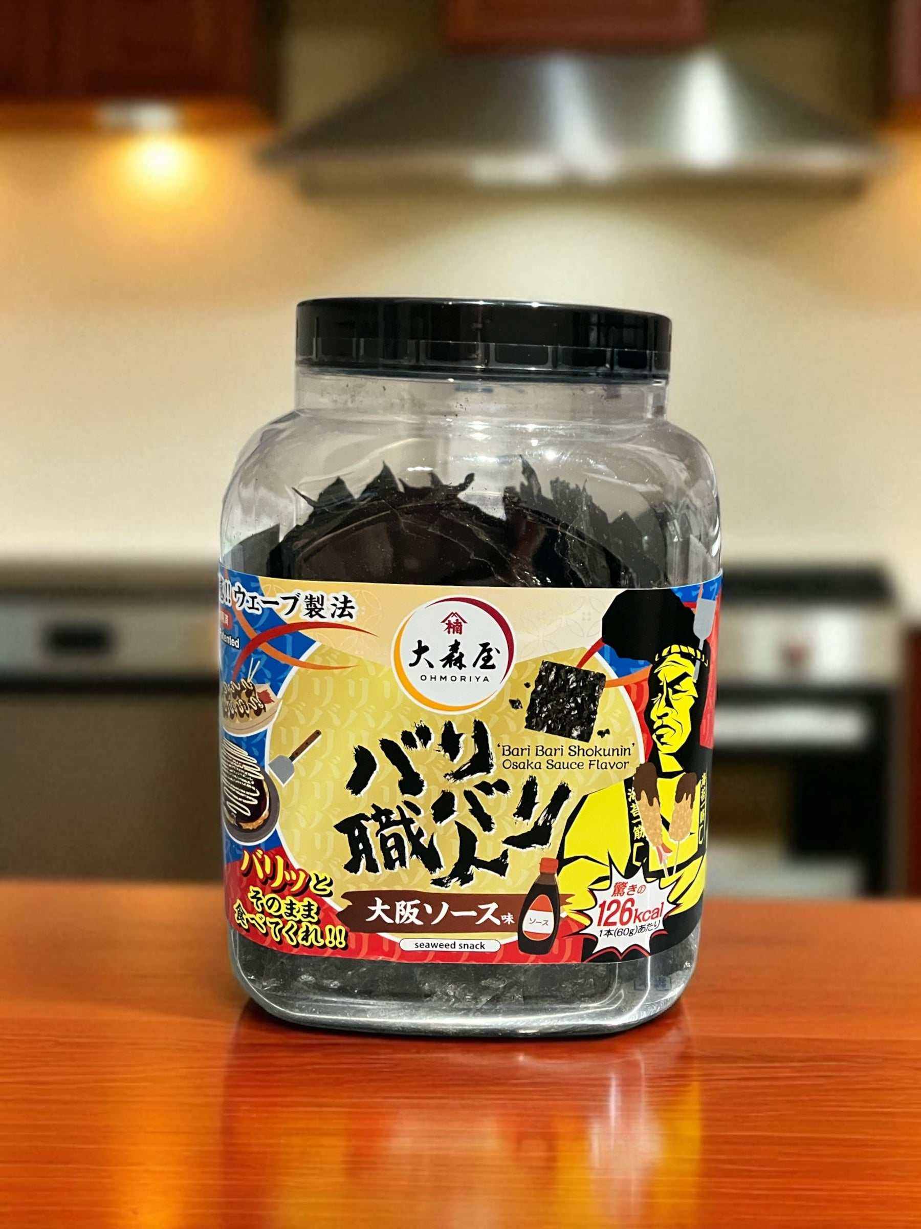 Large jar of Omoriya Bari Bari Shokunin crispy seaweed snacks flavored with Osaka sweet and savory sauce