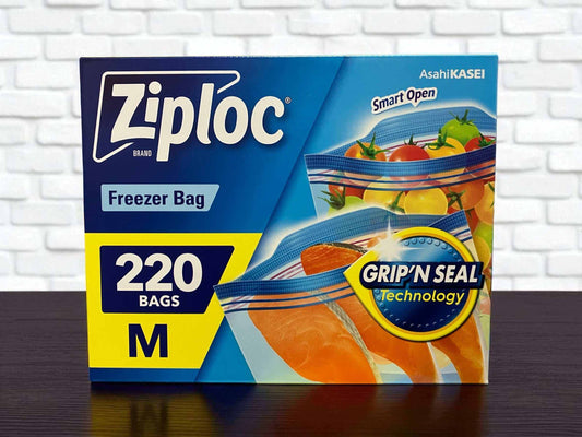 Ziploc double zipper freezer bags M size 220 pack with Grip'N Seal technology for airtight food storage and easy open tabs.